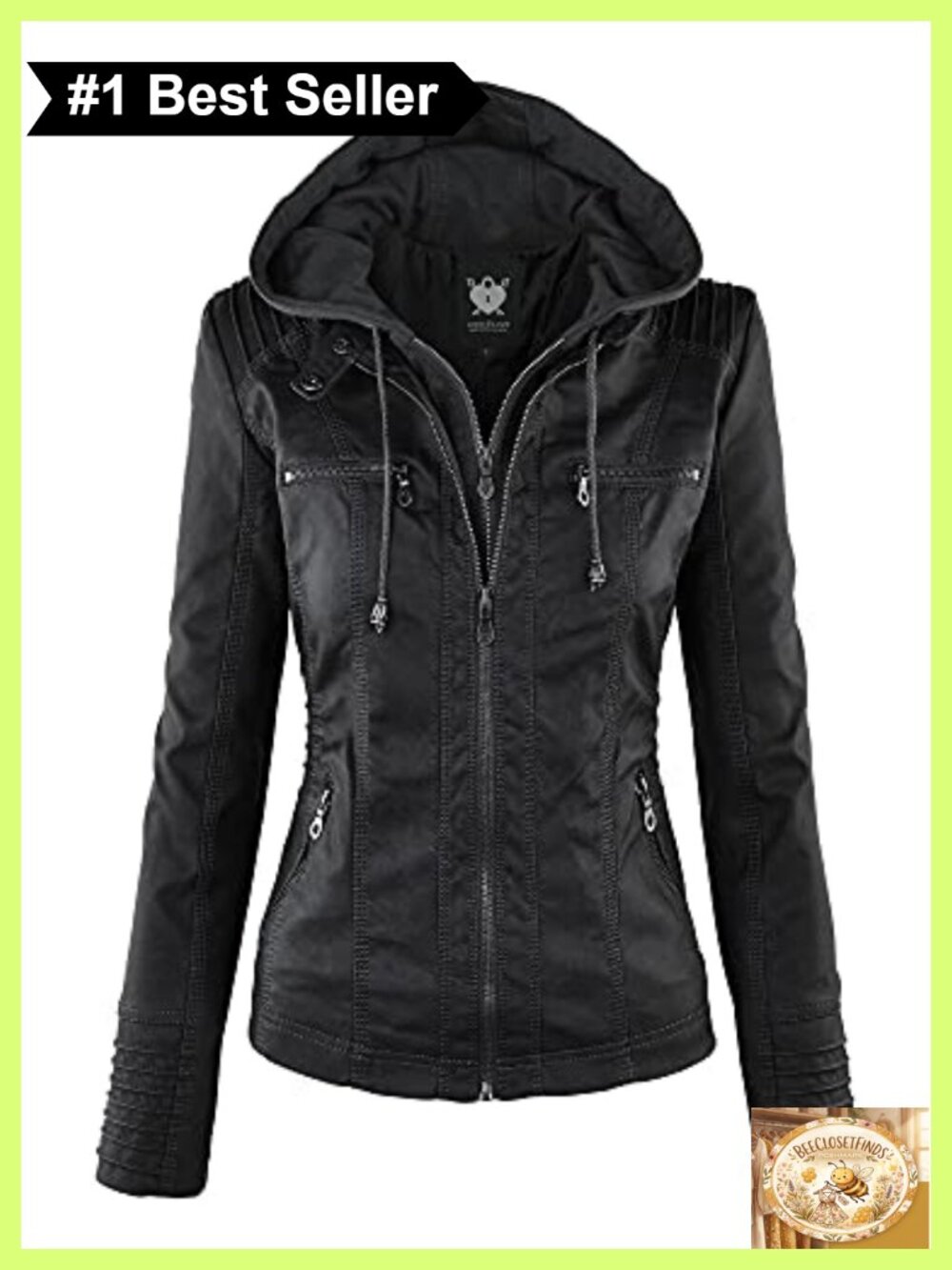 Faux Leather Moto Biker Jacket Removable Hood Slim Fit Cropped